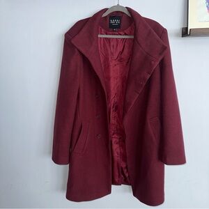 Boohoo Mens Burgundy Pea Coat